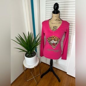 Vintage HTF Y2K Ed Hardy Pink Large Tiger Rhinestone Long Sleeve Shirt